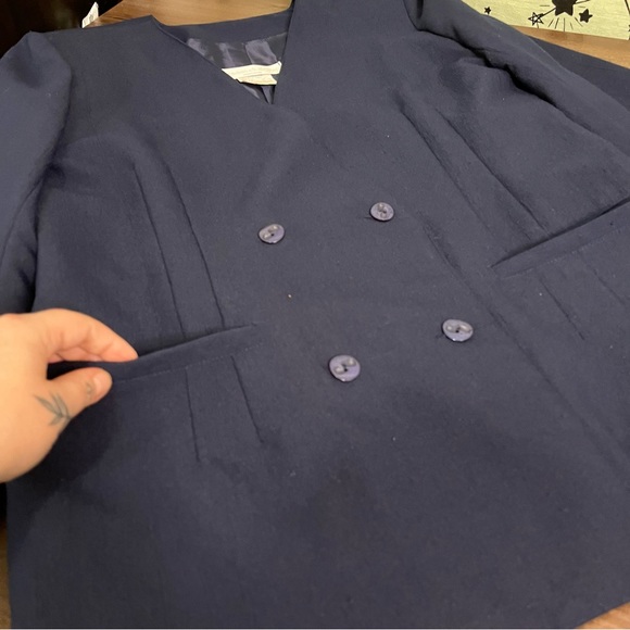 Navy Vintage 80s Ribbed Matching Blazer & Skirt Set - Picture 7 of 13